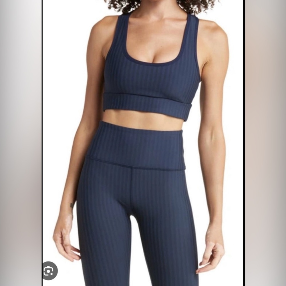 Beyond Yoga Nocturnal Navy Stripe Set (Bra and Leggings)